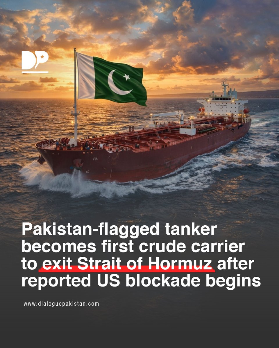 DialoguePak's tweet image. A tanker flying the Pakistan flag has reportedly become the first vessel to pass through the Strait of Hormuz carrying crude oil after a reported US blockade began earlier this week.

#DialoguePakistan #Tanker #PakistanFlag #Vessel #PassThrough #StraitofHormuz #CrudeOil