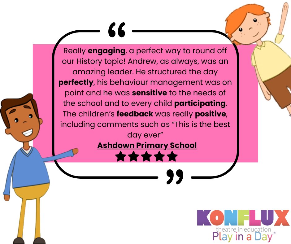 KonfluxTheatre's tweet image. We hope everyone had a lovely Easter break! We're beginning the Summer term with some wonderful feedback from @AshdownPrimary - Thank you 😃🌟

#feedbackfriday #schools #teachers #pupils #positivity #feedback #fridayfeeling #history #playinaday #theatreineducation