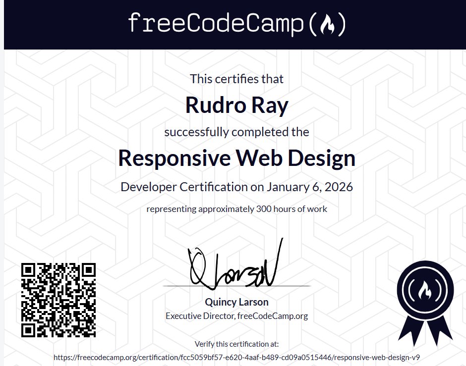 royrudro032's tweet image. From Frontend to Full-Stack.
1,400+ hours of code &amp;amp; 5 @freeCodeCamp certs: ✅ Relational DBs (SQL/PostgreSQL) ✅ JavaScript &amp;amp; Python ✅ Responsive Web Design V8 &amp;amp; V9
Mastering #React, #Tailwind &amp;amp; #python to build the future. 🛠️
Proof: freecodecamp.org/fcc5059bf57-e6…
#SelfTaught