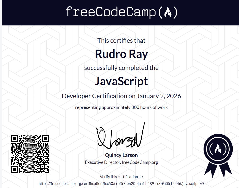 royrudro032's tweet image. From Frontend to Full-Stack.
1,400+ hours of code &amp;amp; 5 @freeCodeCamp certs: ✅ Relational DBs (SQL/PostgreSQL) ✅ JavaScript &amp;amp; Python ✅ Responsive Web Design V8 &amp;amp; V9
Mastering #React, #Tailwind &amp;amp; #python to build the future. 🛠️
Proof: freecodecamp.org/fcc5059bf57-e6…
#SelfTaught