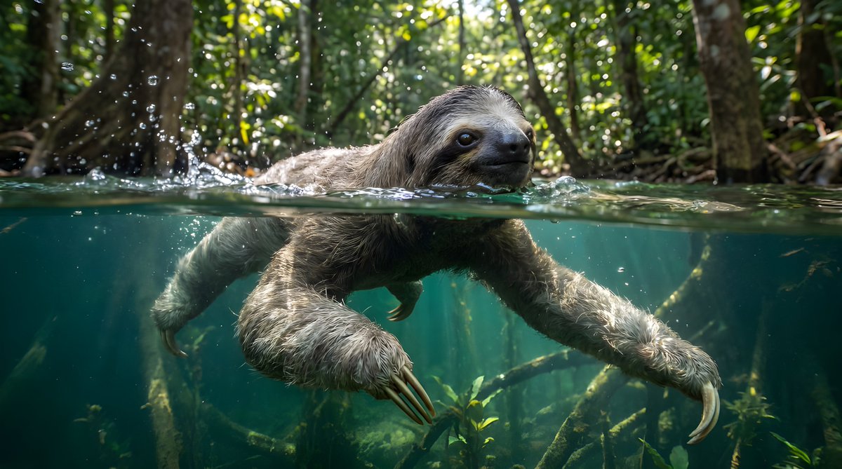 Julcrypt's tweet photo. « This is a fucking sloth… swimming like an absolute champion 🦥🏊‍♂️
On land? A slow, clumsy mess that looks like it’s dying in slow motion.
In water? Long arms doing clean breaststroke, head up, moving through the river like he actually trained for it.
And the craziest part? He’s got two insane cheat codes: he can hold his breath for up to 40 minutes when he wants, and his gut full of fermenting leaves produces so much gas that he floats like a hairy cork if he just wants to chill and take a nap in the middle of the river.
Nature took the laziest piece of shit on Earth and turned him into a swimming legend the second he hits the water.
Slowest mammal alive… until you throw him in a river. Then he mogs everyone.
Mind blown or still not impressed? Tell me below 👇 »