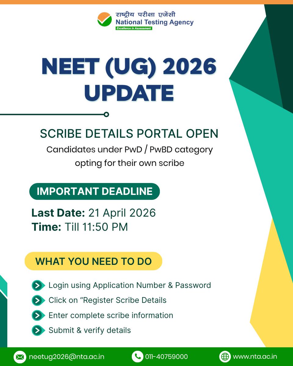 NTA_Exams's tweet image. NEET (UG) 2026 Update

Scribe Details Portal is now open for candidates under the PwD/PwBD category opting for their own scribe.

Last Date: 21 April 2026
Time: Till 11:50 PM

Don’t wait till the last moment, complete it early and avoid any hassle.

#NEET2026 #NTAUpdate #NEETUG