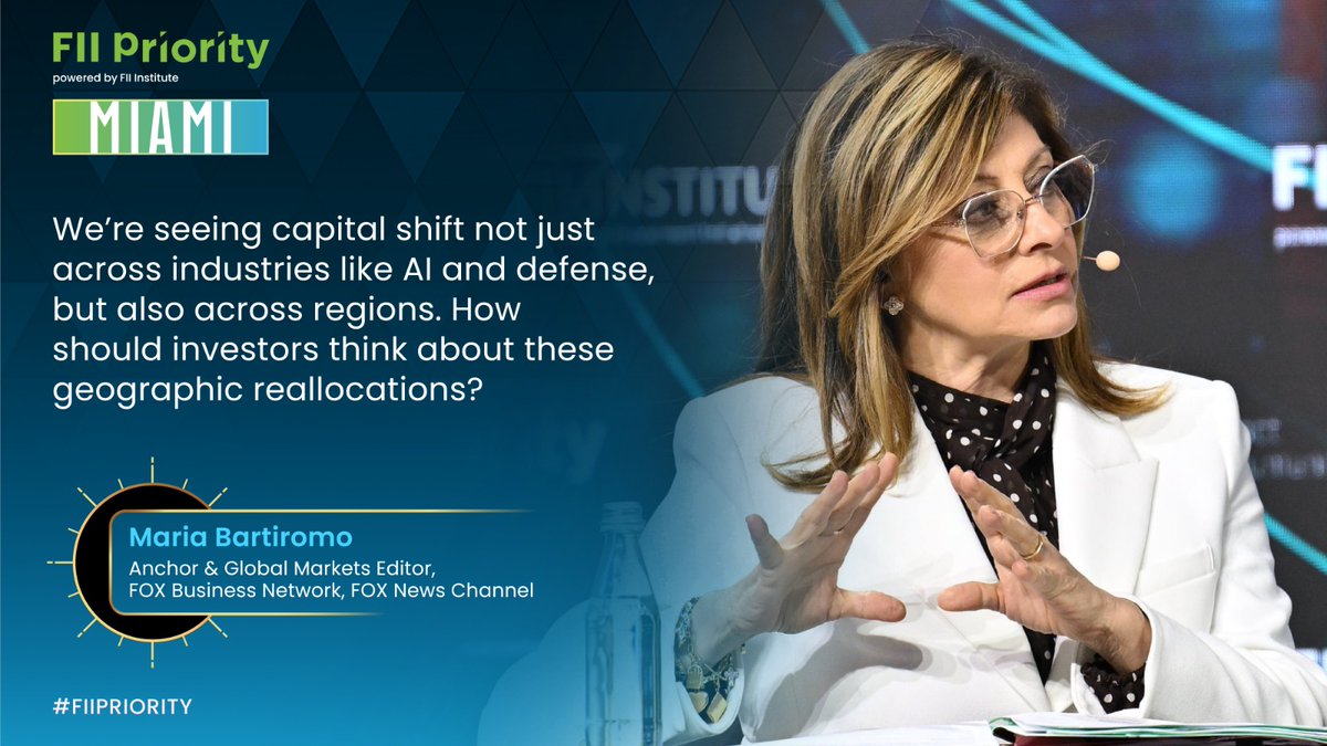 FII_Institute1's tweet image. At #FIIPRIORITY Miami, @MariaBartiromo, Anchor &amp;amp; Global Markets Editor at @FoxBusiness &amp;amp; @FoxNews, while moderating, asked the panel: as #capital flows shift, what signals should investors track to spot the next growth engines?

Watch now: youtu.be/v7H0vn1Cr9Q