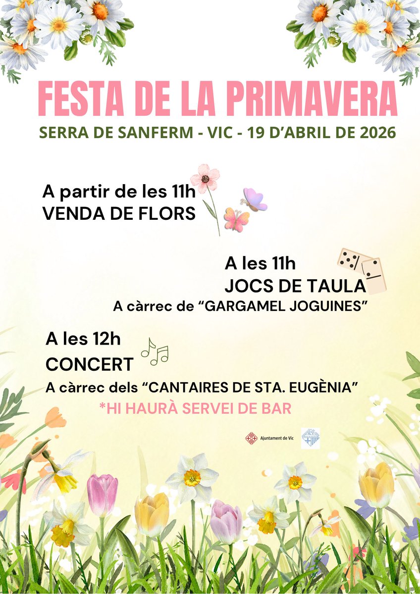 ccvicsenferm's tweet photo. 🌸FESTA DE LA PRIMAVERA DEL BARRI🌼
📅 19 d'abril de 2026
🕚A partir de les 11 h  
🪻Us hi esperem! https://t.co/Cjksh6HpF4
