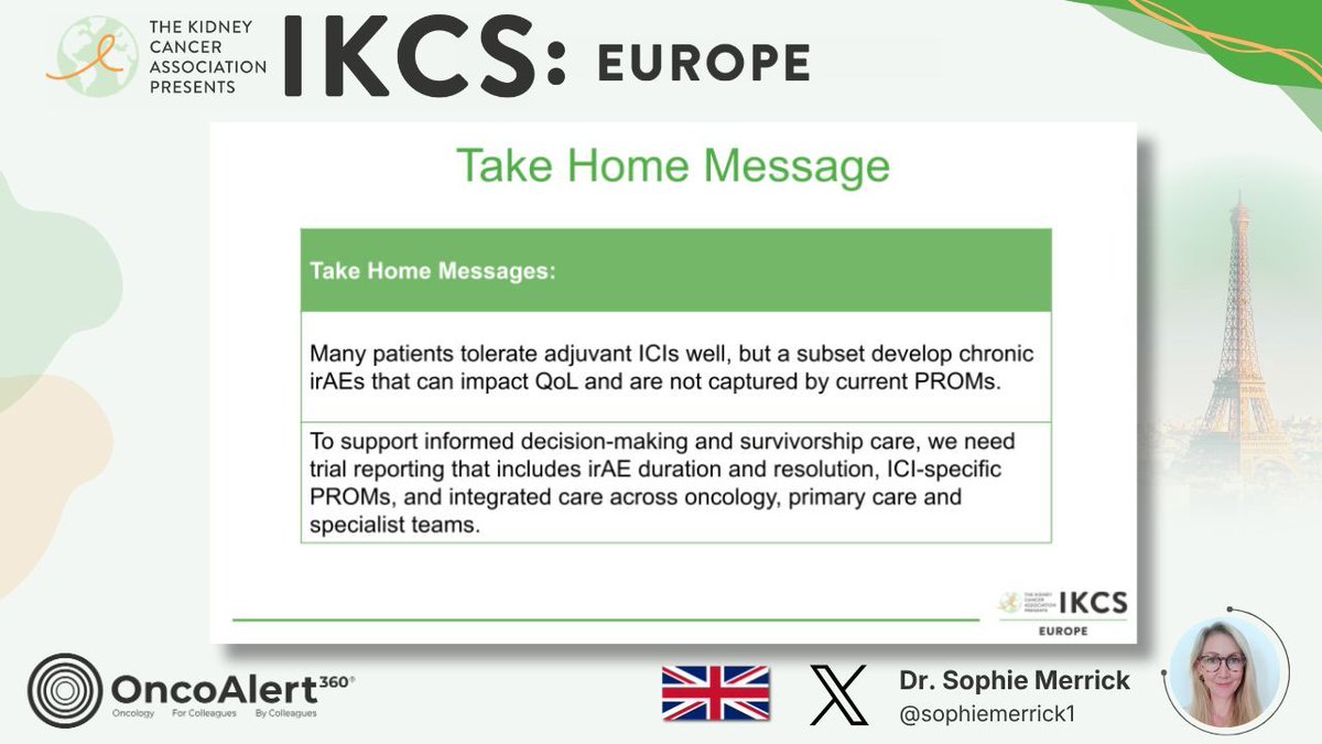 OncoAlert's tweet image. DAY TWO of OncoAlert 🚨 Coverage of #IKCSEU26
Quality of Life and Survivorship with Adjuvant Immunotherapy: Insights From the Patient Experience  Presenter Dr. Sophie Merrick 🇬🇧 

Adjuvant ICIs are now standard of care in resected RCC, so understanding their impact on quality of