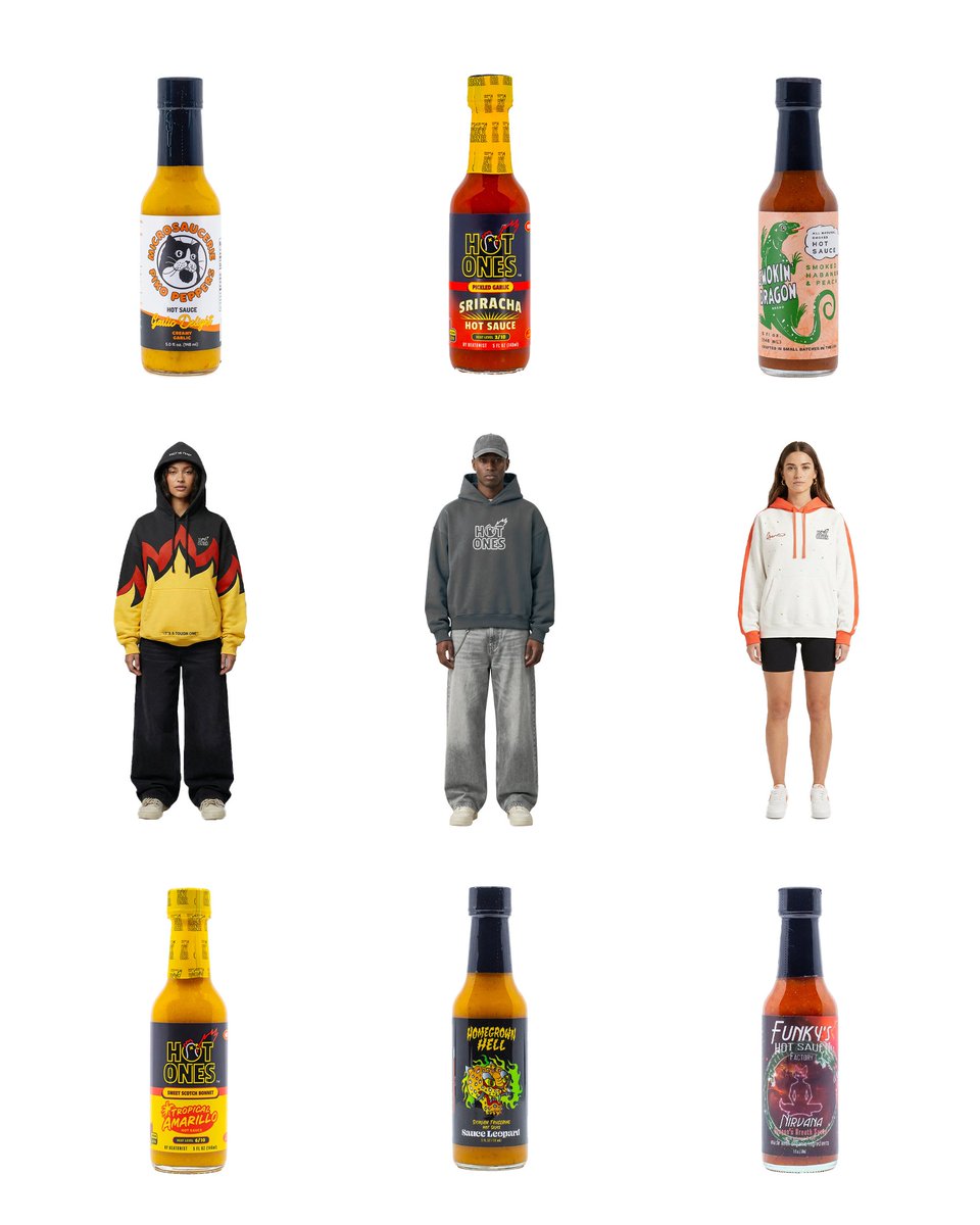 MondayMerch's tweet photo. Ready for fire and flavor? We designed a merch line for @hotonesgameshow 

Five hoodies inspired by their hot sauces 

Tag them so they’d actually drop this alongside the classic hot sauces!

Let’s make this happen @firstwefeast https://t.co/YTvLCWFC49