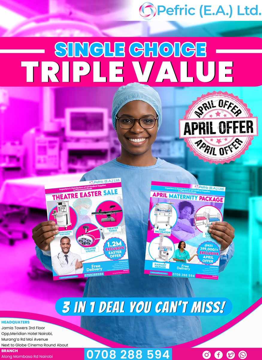 EPefric's tweet image. This April, recovery comes with TRIPLE value! Choose your preffered package with each offer packed with 3 essential machines designed to elevate care and efficiency. Call/WhatsApp us today : 0708 288594
#kenya #kot #medical #trendingnow #nairobichoice2027