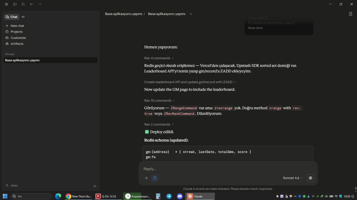 cihan0xeth's tweet image. Beni Claude’a kim bulaştırdı ya 😄
Evde sakin sakin takılıyordum… şimdi #base için site + app yazıyorum.
45 yaşında adam sıfırdan giriyorum bu işlere.
“Hocam hiçbir şey bilmiyorum” bahanesini gerçekten bırakın.
Ben de bilmiyorum. Ama uğraşıyorum.
Millet AI coin kovalıyor…ben AI