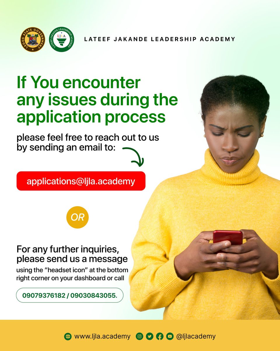 We have made it easy for you to get the support you need during your application process. Whether it is a quick question or a technical issue, help is just a message or call away.

Stay focused. Keep going. We are with you every step of the way.
#LJLA