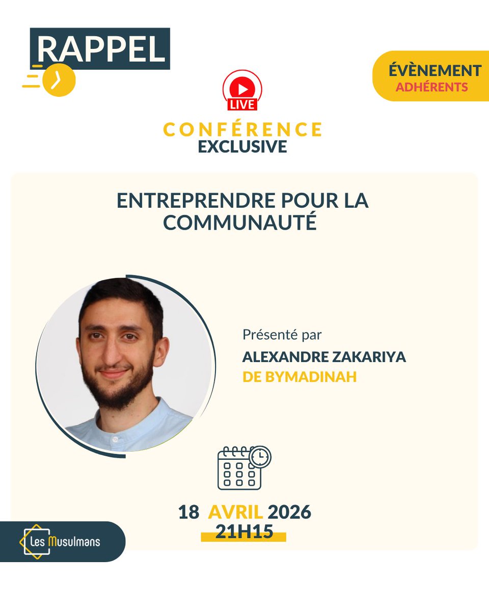 LesMusulmans's tweet image. 📢 Rappel : conférence exclusive demain

📖 Entreprendre au service de la communauté 
🎤 Avec Alexandre Zakariya (ByMadinah) 
🕘 18 avril – 21h15
🚀 Rejoignez-nous : bit.ly/3YNXUGK
#Conférence #Entrepreneuriat

`