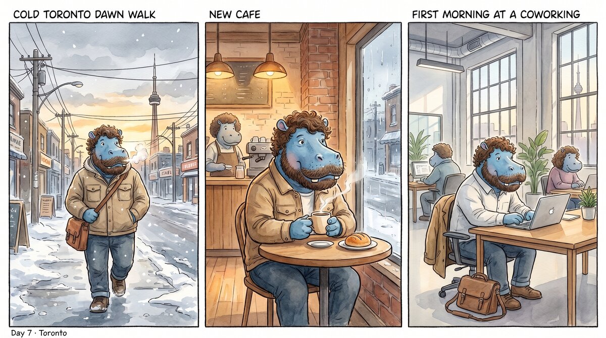 HippoDailyVibes's tweet image. April 7. Day 7 in Toronto.

Six days of drifting in other people's kitchens.
Today was quieter.

A little snow. Walked past the CN Tower to a new cafe.
First desk at a coworking.

Day 7 is when a place starts becoming yours.

#HippoDailyVibes #toronto #wework