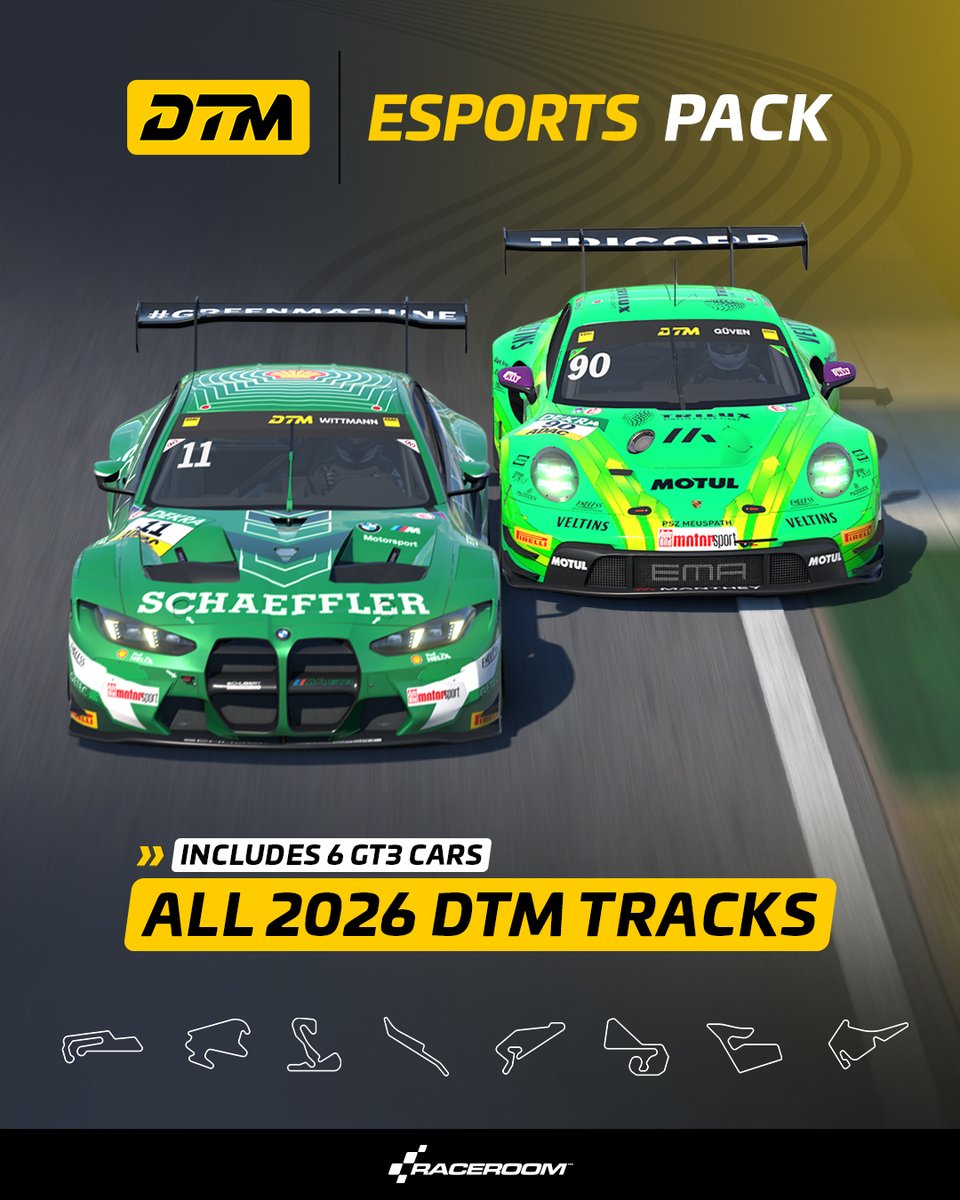 raceroom's tweet image. 🏁 The #DTM #Esports Pack is out now!

- 6 GT3 cars
- All 2026 championship tracks
- 90% discount

Everything you need to compete.

🚨 Season starts soon
This year runs on Ranked Multiplayer.
Get racing, climb the ranks, and secure your split 👊

game.raceroom.com/store/pack/dtm…