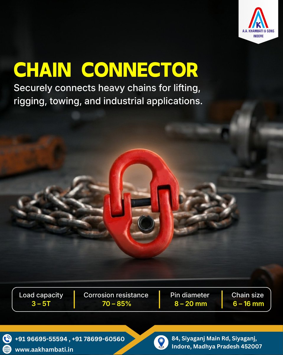 a_khambati's tweet image. CHAIN CONNECTOR 🔗
Built for Strength. Designed for Safety.
✔️ Load Capacity: 3–5 Ton
✔️ Corrosion Resistance: 70–85%
✔️ Pin Diameter: 8–20 mm
✔️ Chain Size: 6–16 mm

aakhambati.in

#aakhambati #ChainConnector #IndustrialTools #LiftingSolutions #HeavyDuty