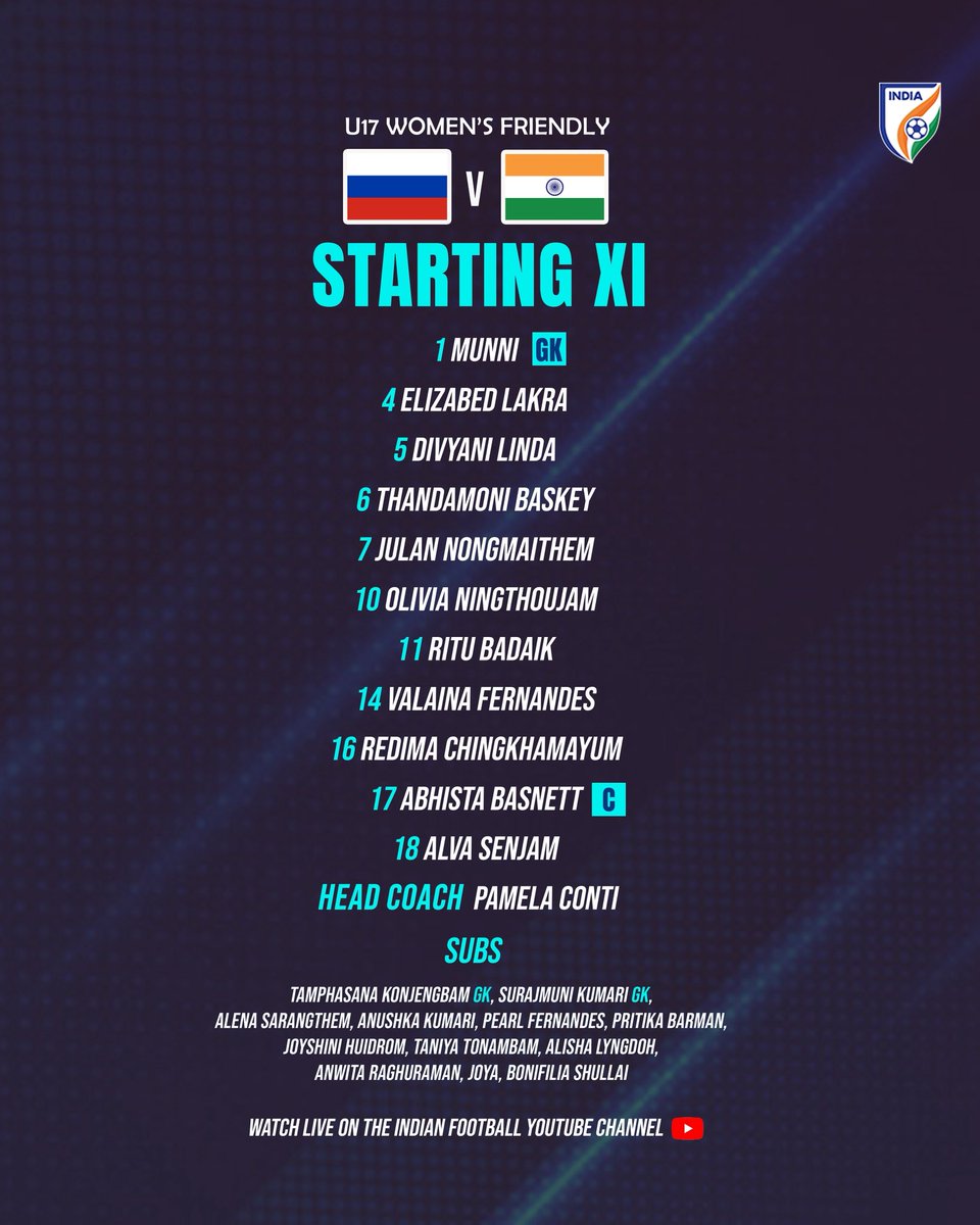 IndianFootball's tweet photo. Hereโs how our U17 #YoungTigresses line up for the last friendly in Sochi ๐
Watch ๐ท๐บ๐๐ฎ๐ณ LIVE at 14:30 ๐บ https://t.co/1qOwYE8v0S
#RUSIND #IndianFootball https://t.co/SOTNEEZV9z