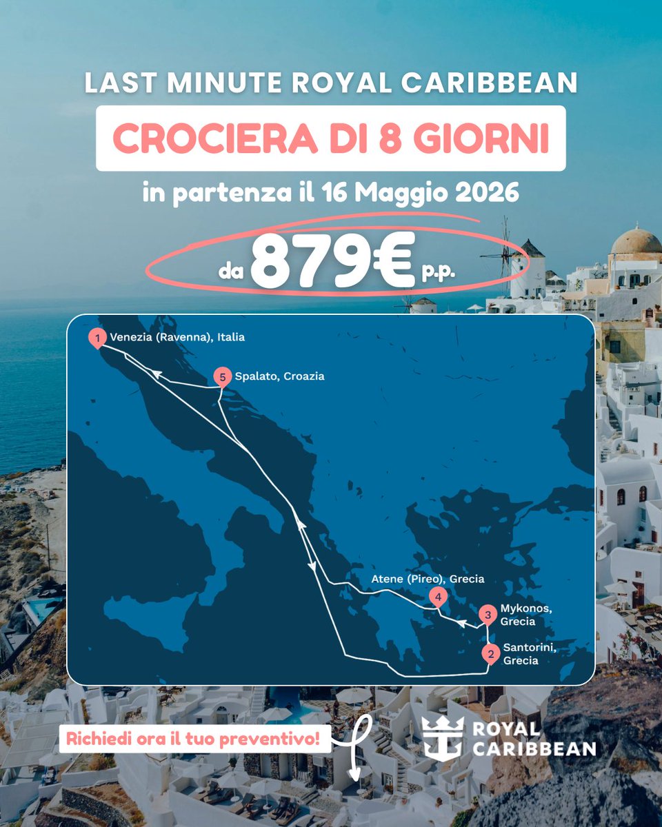 crocierepiu's tweet photo. ❌ Crociera Royal Caribbean di 8 giorni a 879€ p.p.🚢 
Partenza il 16 maggio 2026, perfetta per chi vuole anticipare l’estate con un itinerario tra i più belli del Mediterraneo orientale!

Richiedi il tuo preventivo 👉 https://t.co/CV7RtEHl5w oppure 📲 WhatsApp +39 345 929 4019 https://t.co/drjlKBHgrM