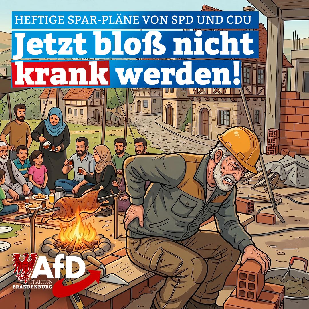 AfD_FraktionBB's tweet image. Plünderung der #Krankenversicherungen: Schwarz-Rot kennt keine Tabus mehr

Bei #SPD und #CDU fallen alle Hemmungen: Nachdem das Ende der Familienmitversicherung in der aktuellen Form fleißig diskutiert wird, soll nun die #Lohnfortzahlung im Krankheitsfall massiv beschnitten,