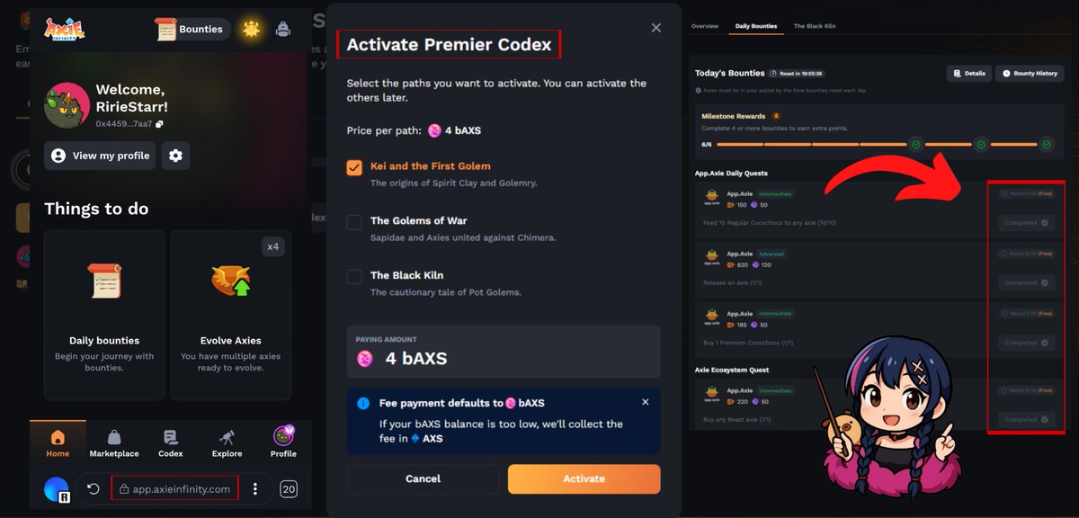 ririexp09's tweet photo. 5/ How to start today?

1. Go to Codex on App.Axie &amp; log in
👉🏻https://t.co/RPQttWLhja
2. Choose to play Free or Activate Premier path
3. Pick which of the 3 lore paths to start first
4. Complete quests to earn progress &amp; rewards
5. Claim rewards each time you level up https://t.co/JU4bYv9s6H
