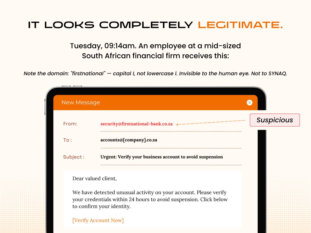 synaq's tweet image. This email looked legit.
 It wasn’t.

 Swipe to see how SYNAQ blocks threats before they become incidents.

#EmailSecurity #CyberSecurity #PhishingProtection #ThreatDetection

Learn More: zurl.co/jyUvR