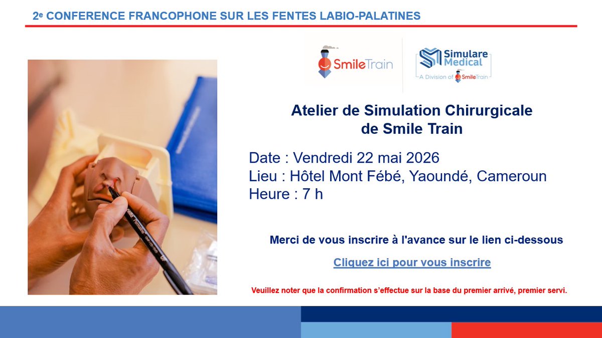 SmileTrainAfric's tweet photo. Vous êtes chirurgien buccal, maxillo-facial, plasticien, pédiatre ou généraliste? Rejoignez l'atelier SIMULATION chirurgicale Smile Train! Affinez vos compétences et apportez plus de sourires. Places limitées, inscrivez-vous https://t.co/Dlwqtb3Q6t https://t.co/wI7V8NbNS0