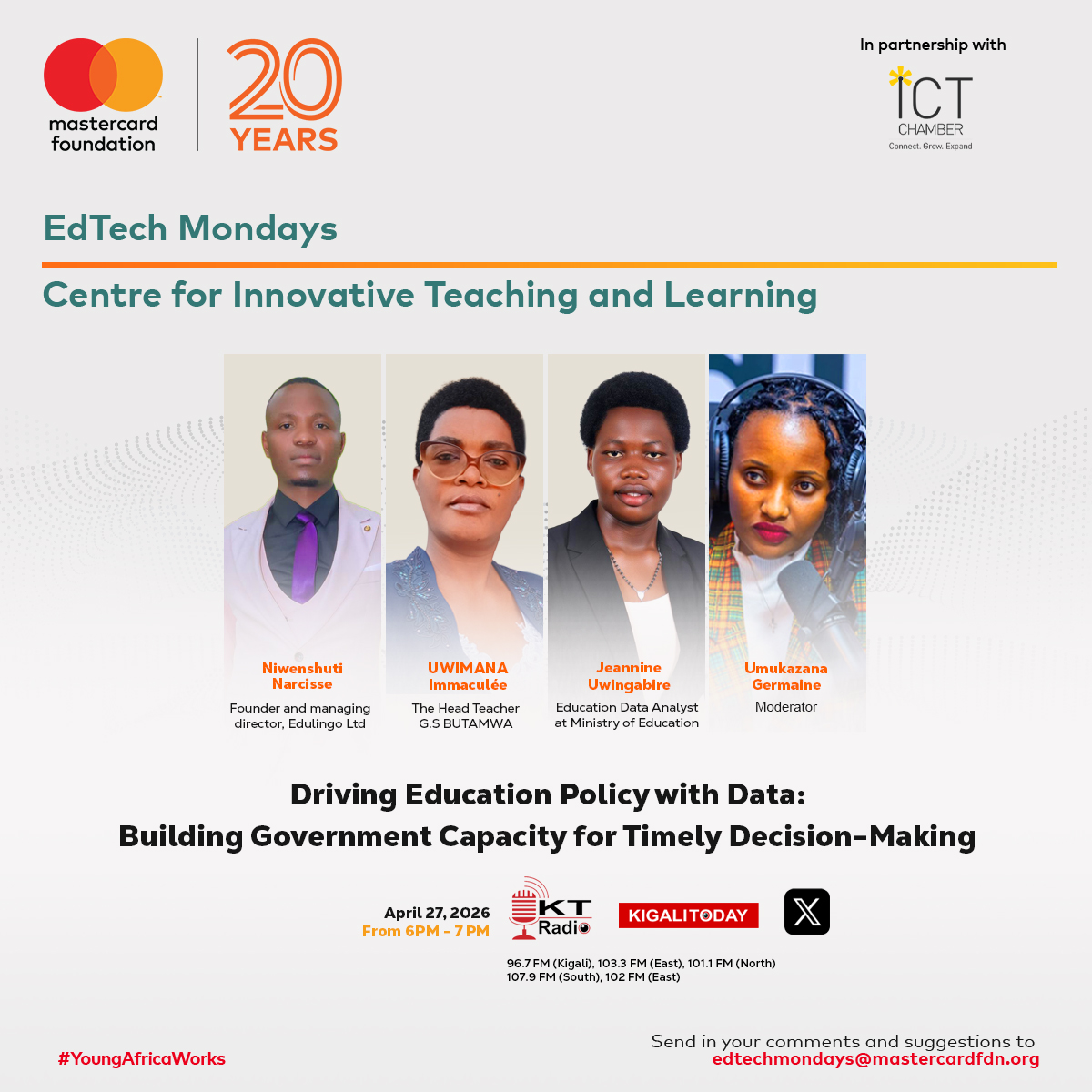 rwictchamber's tweet image. On Next - #EdTechMondays 

The EdTech Mondays April eposide will happen on 27th April, 2026 with a theme on building government capacity for timely Decision- making at @ktradiorw  

Stay Tuned!!!