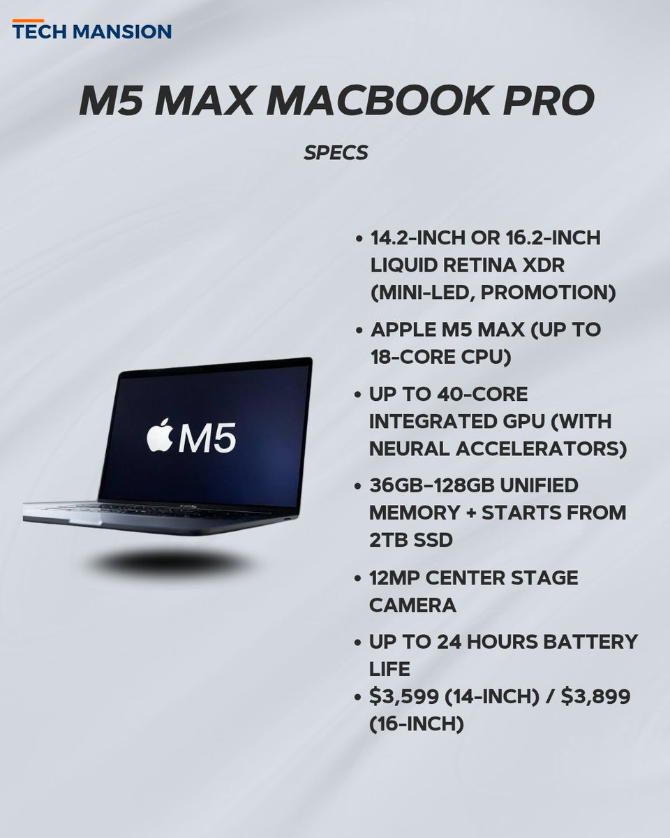 TechMansion's tweet image. Check out the M5 Max MacBook 🔥🔥
 #newrelease #laptop #TechLaunch #macbookpro #m5 #apple #applelaptop #techmansion