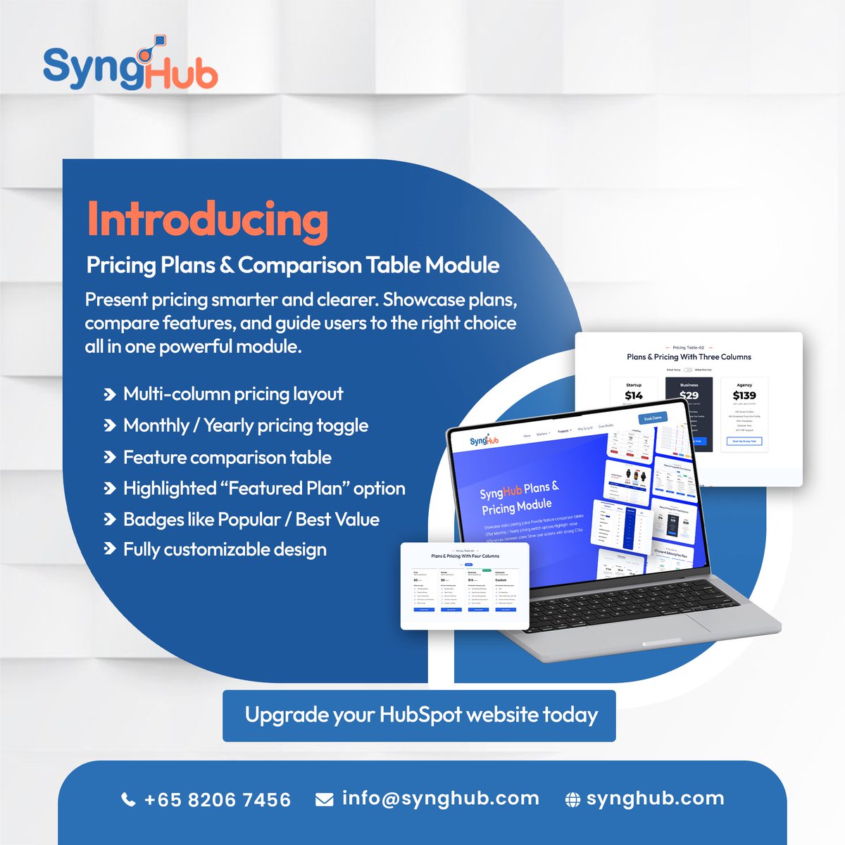 synghub's tweet image. Look at our new module

#SyngHub Pricing Plans &amp;amp; Comparison Table helps you showcase plans, compare features, and drive more conversions on #HubSpot.

✅ Smart pricing layouts
✅ Monthly / Yearly toggle
✅ Comparison tables
👉 Upgrade today: synghub.com