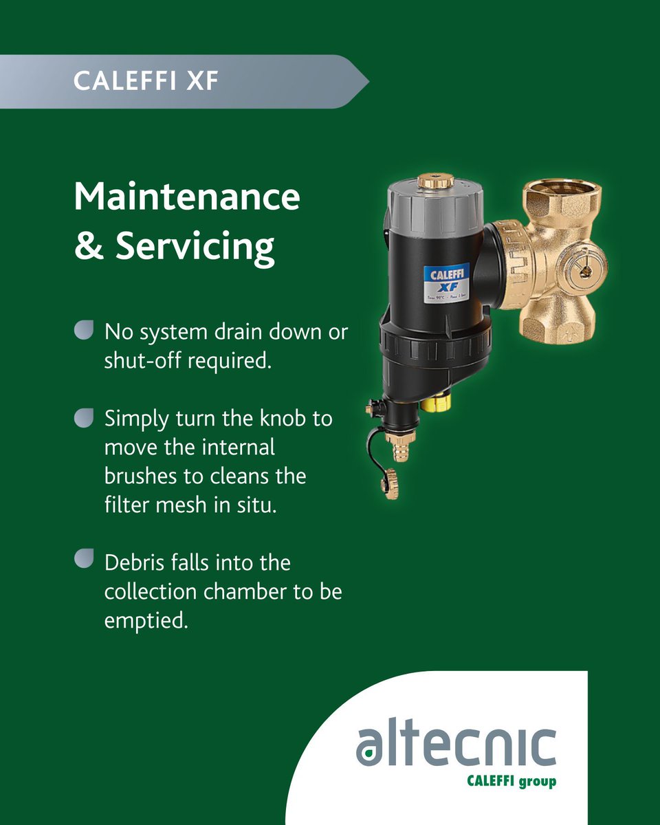 Altecnic's tweet photo. Regular maintenance is key to system longevity. 

The Caleffi XF Magnetic Filter with bypass allows quick and easy servicing without draining the system, helping keep low carbon heating systems clean, efficient and reliable.

Learn more:https://t.co/ARhFoha66K https://t.co/QnywO636Dd