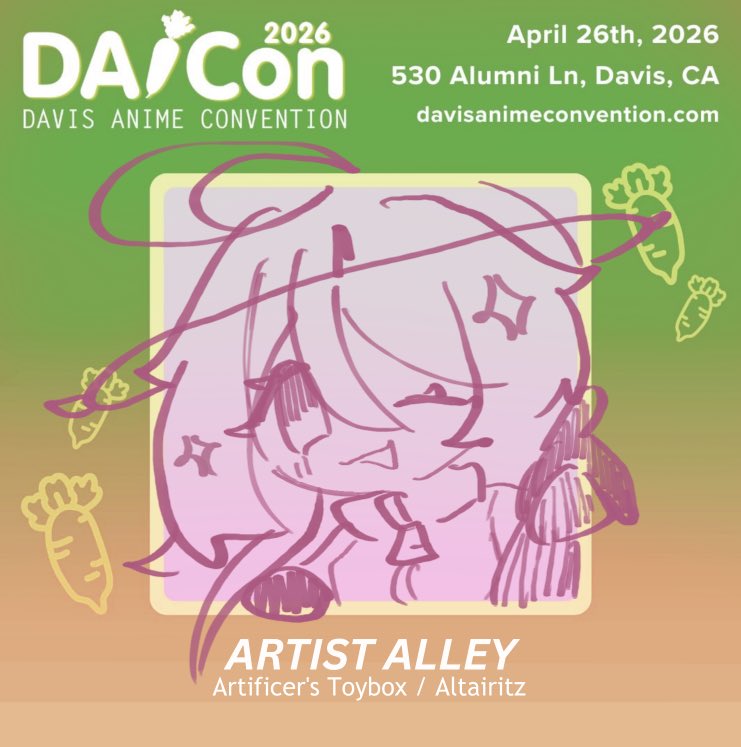 altairitz's tweet photo. hey!! this is gonna be a bit of a shot in the dark but im going to be tabling at my first ever con next week!! if youre in the area i hope to see you there! 

heres my daicon 2026 catalog! you can catch me and all my sillies at one half of table 1 :3

#artistalley @DavisAnimeCon https://t.co/KcLlWfThuN