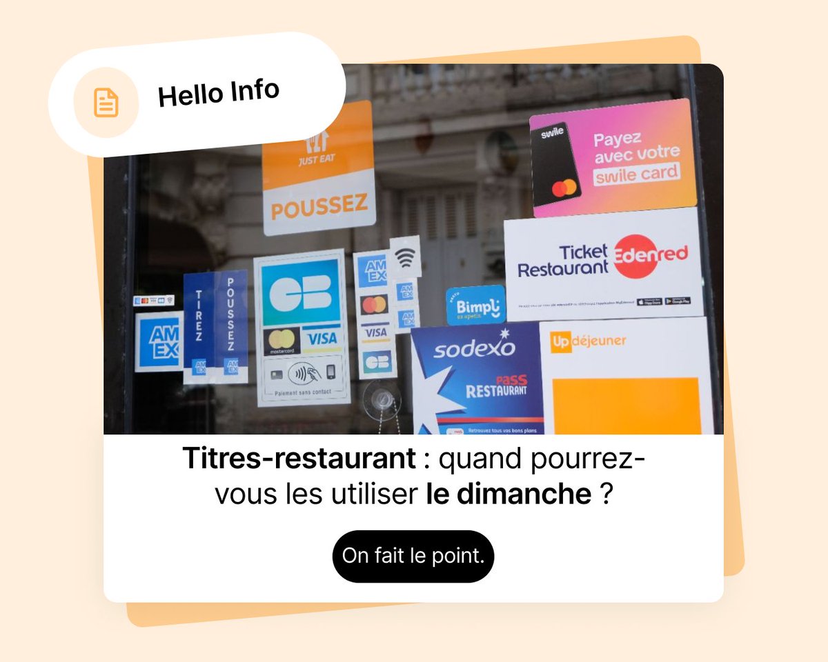 hellowork's tweet image. 🍽️ ACTU - Titres-restaurant : vers un usage élargi même le dimanche ?

Objectif affiché : soutenir le pouvoir d’achat et s’adapter aux nouveaux usages.

On vous explique ce que cette réforme pourrait vraiment changer ⬇️
hellowork.com/fr-fr/medias/t….

#pouvoirdachat #RH #emploi