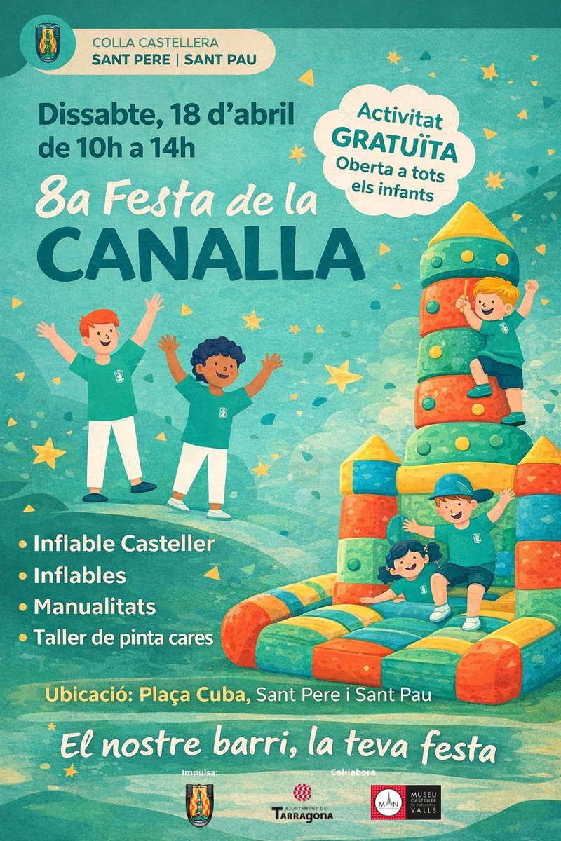 CCSPISP's tweet photo. I dissabte, torna la 8a. festa de la Canalla al barri🎉!! Amb inflables, tallers i diversió totalment gratuits per a tots els infants!
📅 18 d'abril
📍 Plaça Cuba de SPiSP
🕙 De 10h a 14h
Vine i que els més petits gaudeixin de la seva festa!
#SPiSP #Tarragona #castells https://t.co/CxvdNWiFzJ