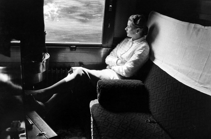 Ingrid Bergman on the train from Rome to Cannes, 1956.