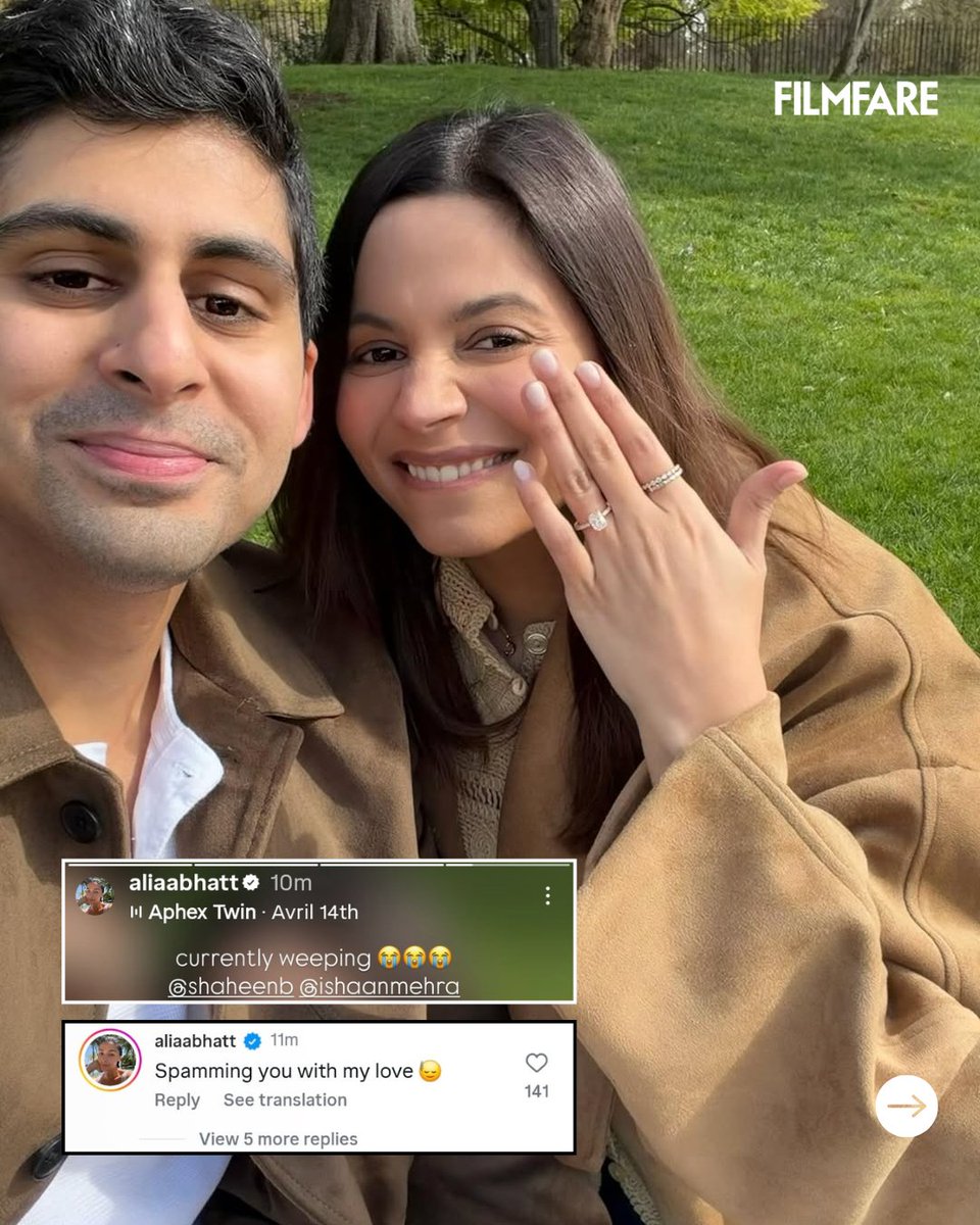 filmfare's tweet image. #AliaBhatt gets overwhelmed as sister #ShaheenBhatt gets engaged to Ishaan Mehra.❤️

Many celebs congratulate the couple. 😍

#Celebs