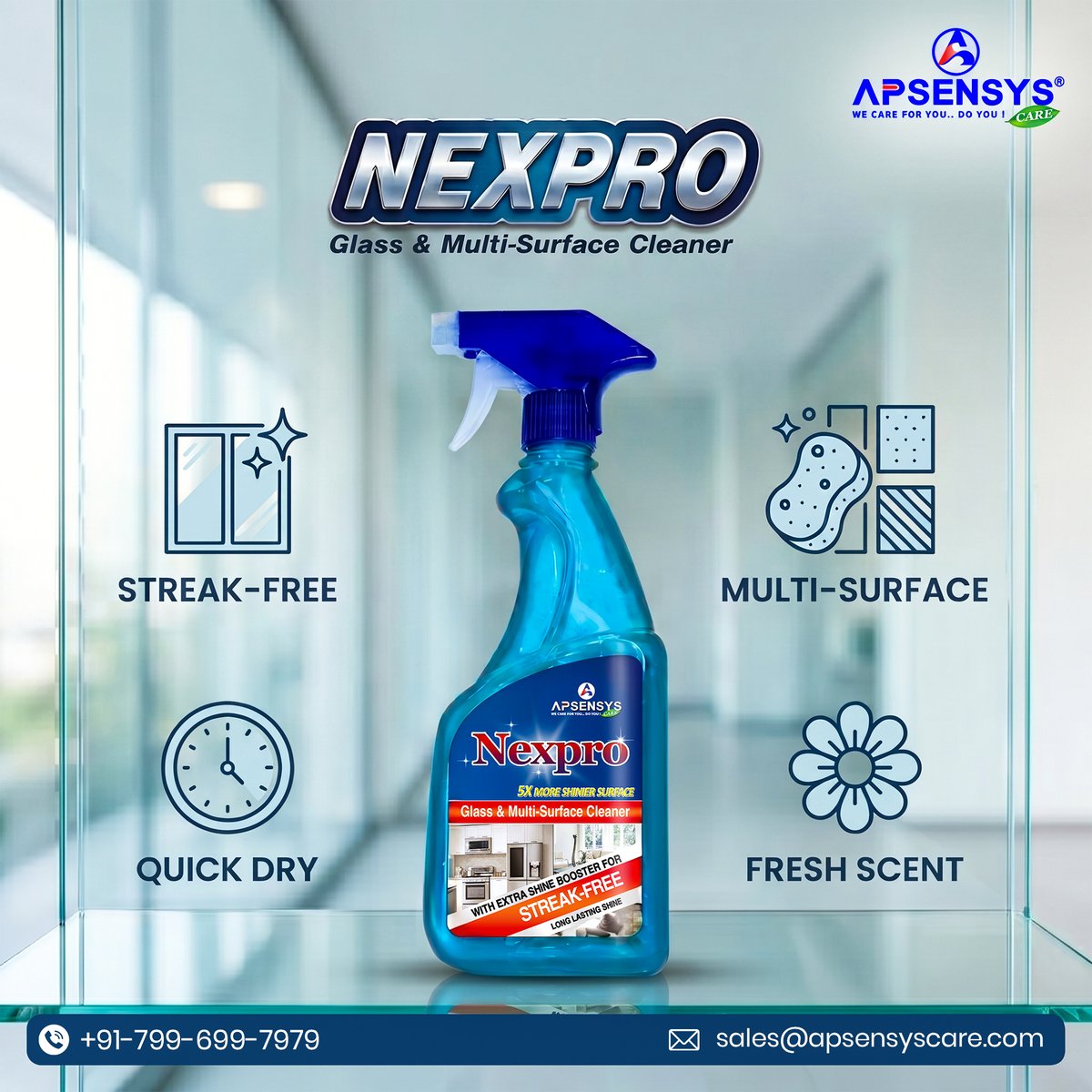 ApsensysCare's tweet image. NEXPRO GLASS CLEANER

Say goodbye to smudges and fingerprints. Our advanced glass cleaner cuts through dirt and grease in seconds.

Reach out to us:
+91-799-699-7979
sales@apsensyscare.com
website: apsensyscare.com

#GlassCleaner #CrystalClear #Spotless #apsensyscare