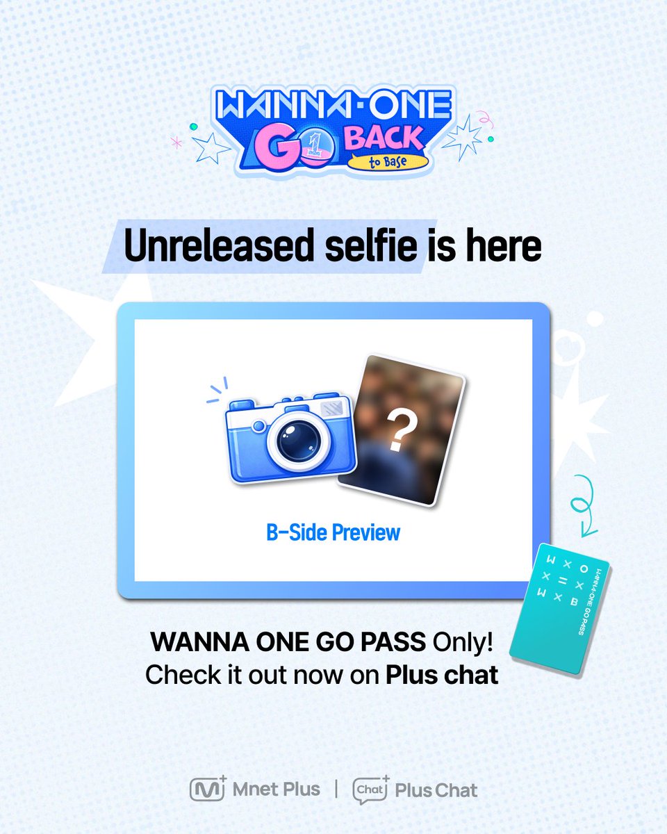 [#PlusChat] <WANNA ONE GO : Back to Base>
Unreleased selfie for Wannable is here🎁

📷 [WANNA ONE GO : Back to Base] B-Side Preview

Check it out now on Plus Chat in the official
<WANNA ONE GO : Back to Base> community!🔥
🔗bit.ly/3OvGJZF

💎WANNA ONE GO PASS Benefits💎