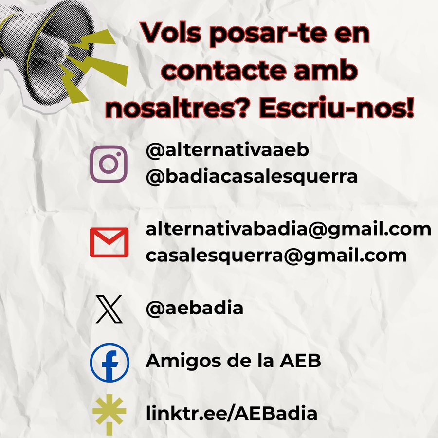 aebadia's tweet photo. Contacta amb nosaltres per qualsevol dels nostres canals. Entra al nostre linktr.eAEBadia per estar al dia del que fem. https://t.co/97WFggP9rt