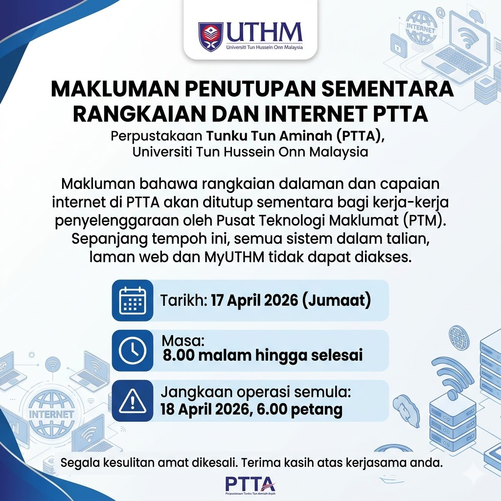 PTTAUTHM's tweet photo. PENUTUPAN SEMENTARA RANGKAIAN DAN INTERNET PTTA
Makluman bahawa rangkaian dalaman dan capaian internet akan ditutup sementara bagi kerja penyelenggaraan oleh Pusat Teknologi Maklumat (PTM). Sepanjang tempoh ini, semua sistem dalam talian, laman web dan MyUTHM tidak dapat diakses. https://t.co/oMu5GCTcHP