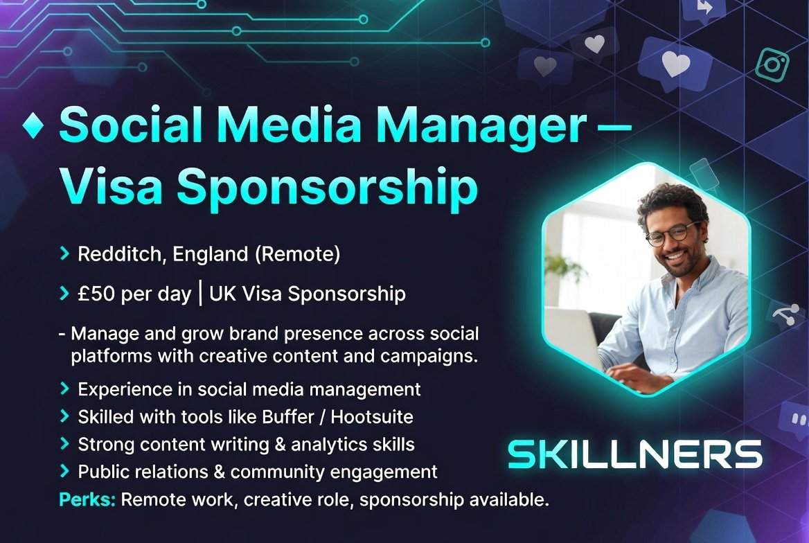 skillners's tweet image. 🇬🇧 Social Media Manager – Visa Sponsorship

📍 Remote (Redditch, UK)
💰 £50/day

✔️ Content + campaigns
✔️ Analytics &amp;amp; tools (Buffer/Hootsuite)

✨ Remote + Sponsorship

🔗 t.me/skillners/1765

#UKJobs #VisaSponsorship #RemoteJobs #Skillners