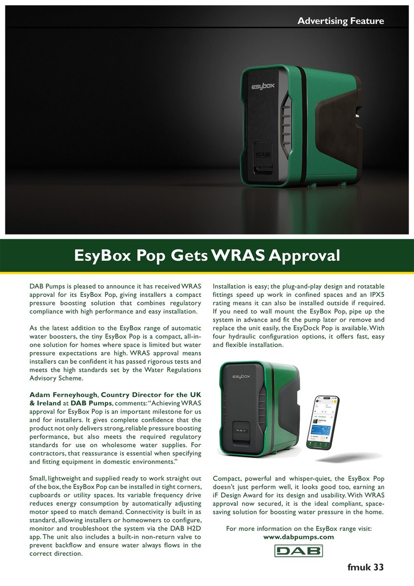 FMUKmagazine1's tweet image. Latest Issue 📰: @DABPumpsUK DAB Pumps has received WRAS approval for its EsyBox Pop, giving installers a compact #PressureBoosting solution that combines regulatory #compliance with high #performance and #EasyInstallation.

➡️fmuk-online.co.uk/esybox-pop-get…
#facman #FacilitiesManagement