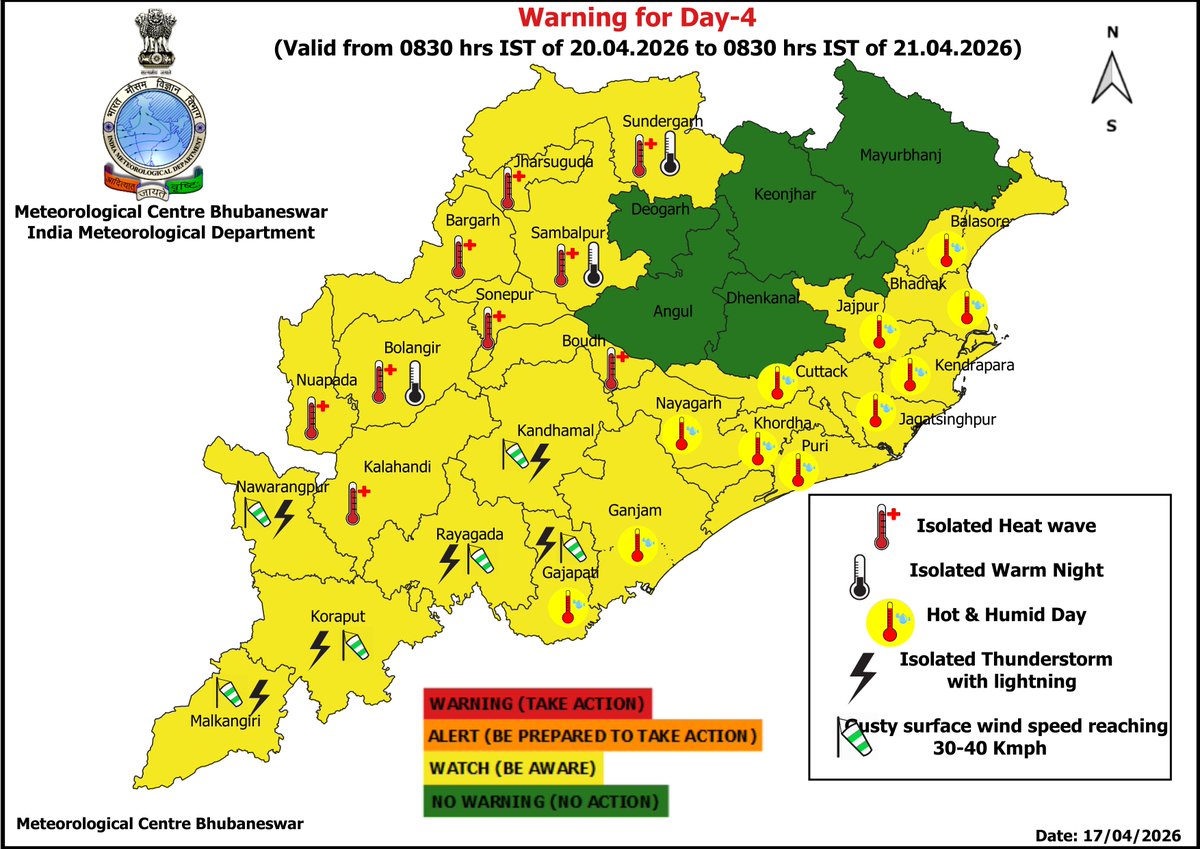mcbbsr's tweet image. Warning for the State.
Day-1 to Day-7 : Hot and Humid Day Warning.
Day-1 to Day-4 : Isolated Heat Wave &amp;amp; Warm Night Warning.
Day-1 to Day-5 : Isolated Thunderstorm, Lightning &amp;amp; Gusty Wind Warning.
#heatwave #thunder #humid #Warning #Odisha #odishaweather #WeatherUpdate