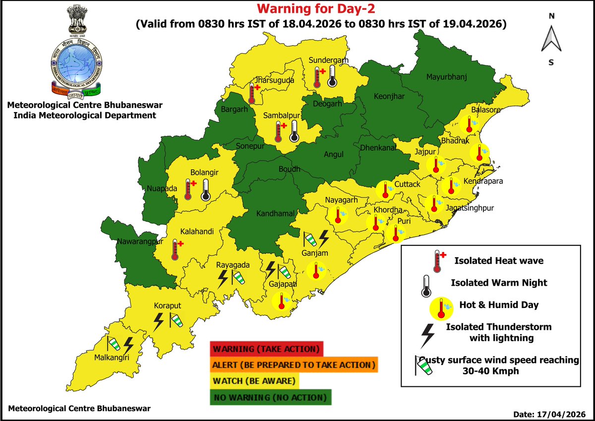 mcbbsr's tweet image. Warning for the State.
Day-1 to Day-7 : Hot and Humid Day Warning.
Day-1 to Day-4 : Isolated Heat Wave &amp;amp; Warm Night Warning.
Day-1 to Day-5 : Isolated Thunderstorm, Lightning &amp;amp; Gusty Wind Warning.
#heatwave #thunder #humid #Warning #Odisha #odishaweather #WeatherUpdate