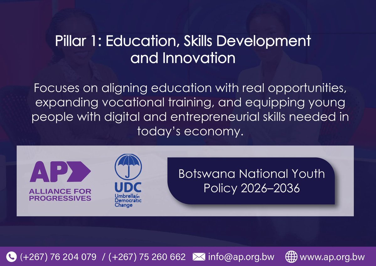 NewBotswana's tweet image. The Botswana National Youth Policy 2026–2036 calls for an education system that leads to real opportunity. This pillar focuses on practical skills, digital access, and innovation that prepare young people for today’s economy.

#YouthPolicyBW #EducationForOpportunity #Skills