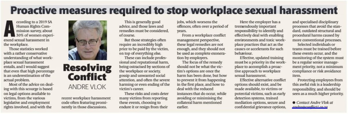 vlok_andre's tweet image. SEXUAL HARASSMENT IN THE WORKPLACE 

The limitation of legal remedies, and alternative or supplementary strategies.  My column in today's Herald newspaper ☕️📰
