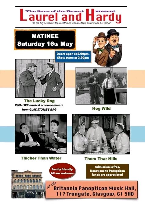 laurelHardyNews's tweet photo. The Boys are back in Glasgow, Bonnie Scotland on May the 16th, 2026, at the very venue where Stan made his comedy stage debut.  Doors open at 14.00, the chaos begins at 14.30.

@BritPanopticon

#LaurelAndHardy
#StanAndOllie
#StanLaurel
#OliverHardy https://t.co/TnrxRhqHDv