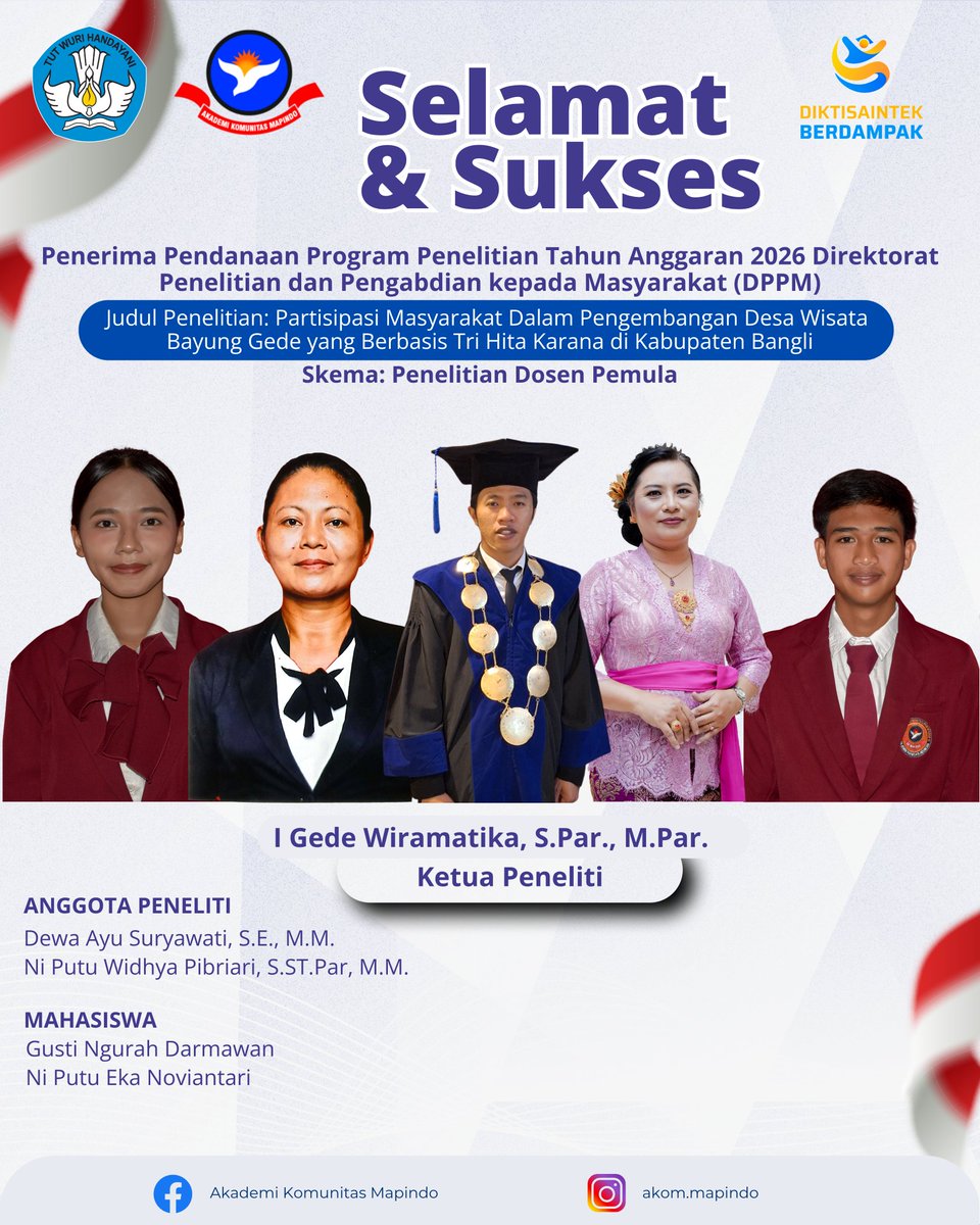 putulino's tweet photo. Selamat &amp; Sukses Penerima Pendanaan Program Penelitian Tahun Anggaran 2026 Direktorat Penelitian dan Pengabdian kepada Masyarakat (DPPM). Judul Penelitian: Partisipasi Masyarakat Dalam Pengembangan Desa Wisata Bayung Gede yang Berbasis Tri Hita Karana di Kabupaten Bangli. https://t.co/kzQhxWxPe1