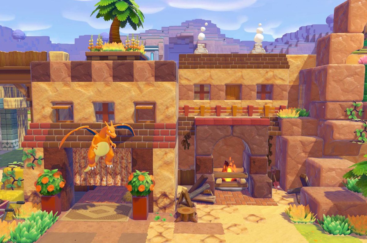 ヒトカゲ族が暮らす家を作りました🔥

けずれたいわとキャンプファイヤーを組み合わせて大きな炉っぽく
鉄（木）のかこいは窓枠、鉄筋は植木鉢風に🌳
両方とも染色出来るし有能〜

#ぽこあポケモン