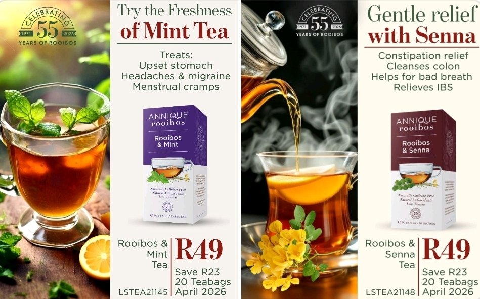 rensburg_marina's tweet image. Good morning. 

When its time for #tea, make sure it's a healthy #Rooibos &amp;amp; #herb one to help you be healthier

#Mint for upset tummy or menstrual pain

#Senna for constipation, IBS or even bad breath

Only R49 each

Taking orders now on whatsapp 084 484 9570