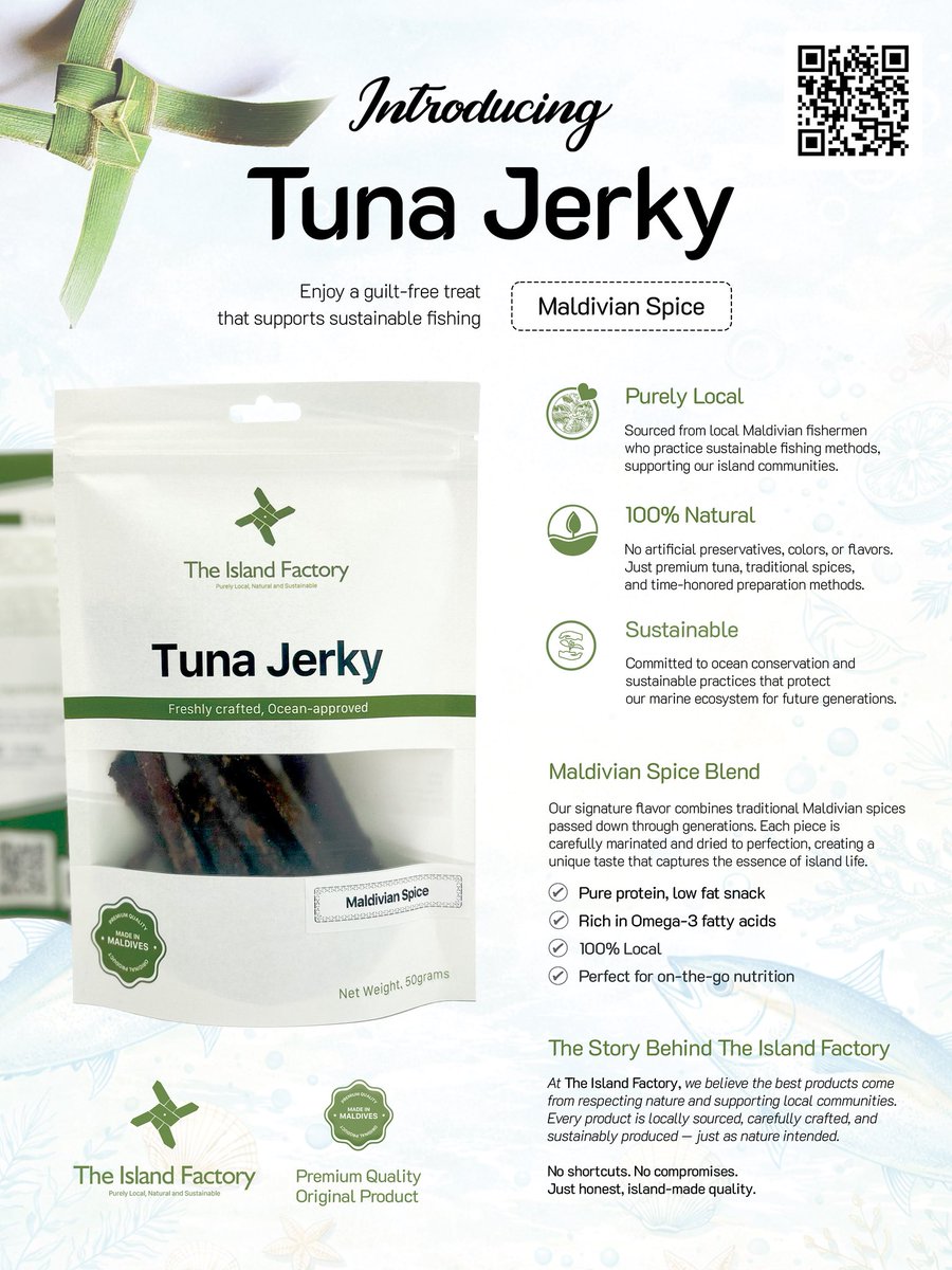 mvislandfactory's tweet photo. Savor authentic Maldivian flavors in our premium Tuna Jerky —sustainably sourced, packed with Omega-3s, protein, and no additives. Supports ocean conservation! Order at https://t.co/S2VmdqdkSl 🌴🐟

#TunaJerky #Maldives https://t.co/Icx57KkWem