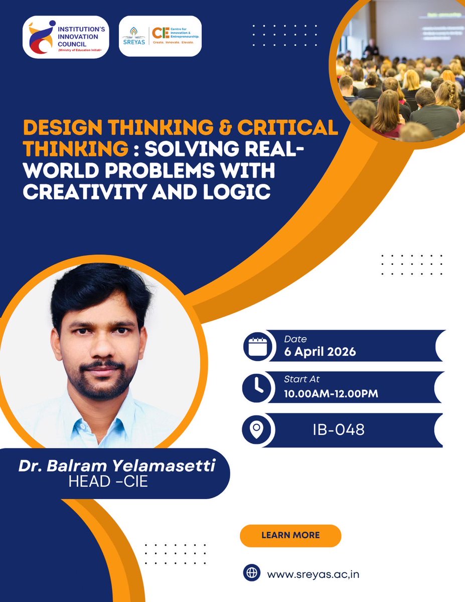 CIE_SREYAS's tweet image. Got ideas? Let’s turn them into solutions
Step into the world of design &amp;amp; critical thinking and solve real-world challenges!
#Innovation #CreativeThinking #ProblemSolving
@sreyasinstitute