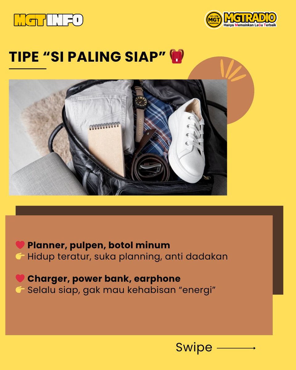 MGT_RADIO's tweet image. Isi tas bisa “bocorin” cara kamu berpikir

Dari yang rapi banget sampai penuh barang random—semuanya punya cerita.

Hal kecil, tapi sering jadi cerminan kebiasaan &amp;amp; pola pikir kita 

Kamu tim tas rapi atau chaos? 
#MGTRADIO #MGTInfo #FunFact #SelfReflection