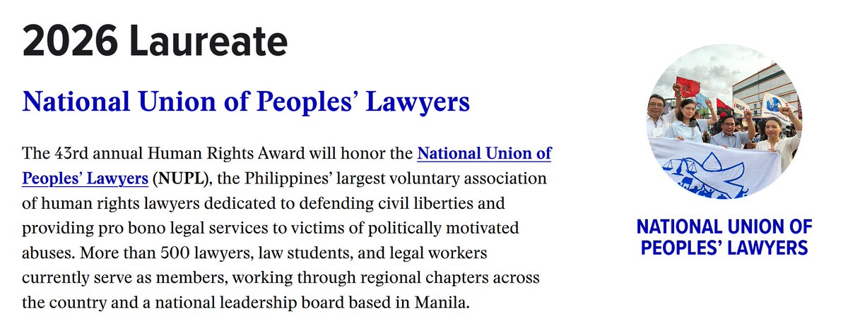 The <a href="/nuplphilippines/">National Union of Peoples' Lawyers</a> will receive the Kennedy Human Rights Award this year! From the Robert and Ethel Kennedy Human Rights Center <a href="/Kennedy_HRC/">Robert & Ethel Kennedy Human Rights Center</a> 

Absolutely proud to have started here in the fight against injustice, wherever in the world. Tuloy ang laban!